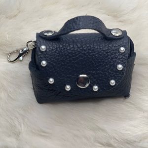 Handmade Leather Navy Mini Keychain Faux Pearls